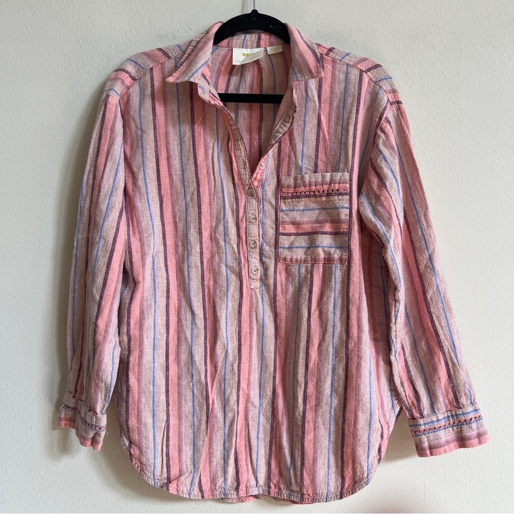 Anthropologie Maeve Pink Striped Linen Cotton Long Sleeve Blouse Shirt Size M - Picture 3 of 5